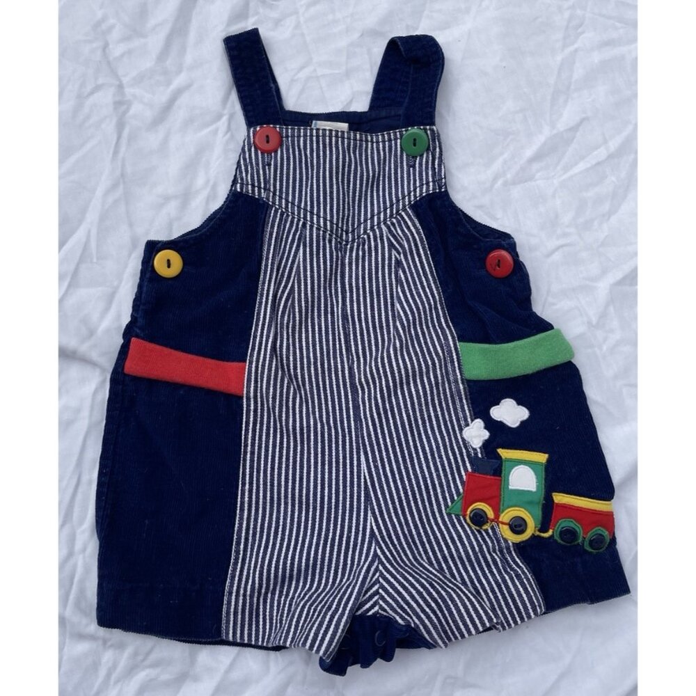 Vintage 70s 80s Boys Sz 18 Month Baby Railroad Stripe Overalls Train Buttons